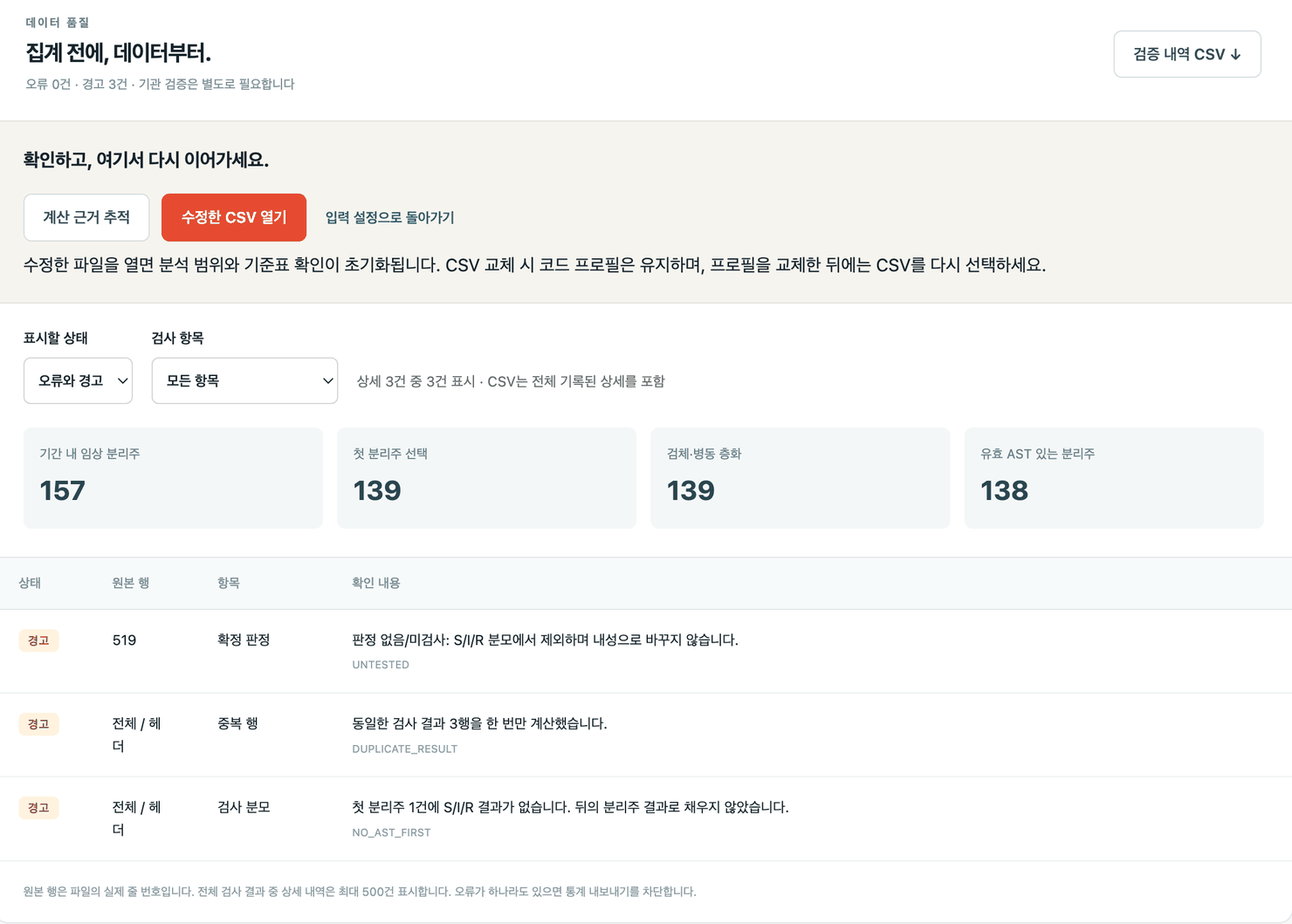데이터 품질 화면 — 첫 분리주 선택, 경고 3건 표시 (합성 예제)
